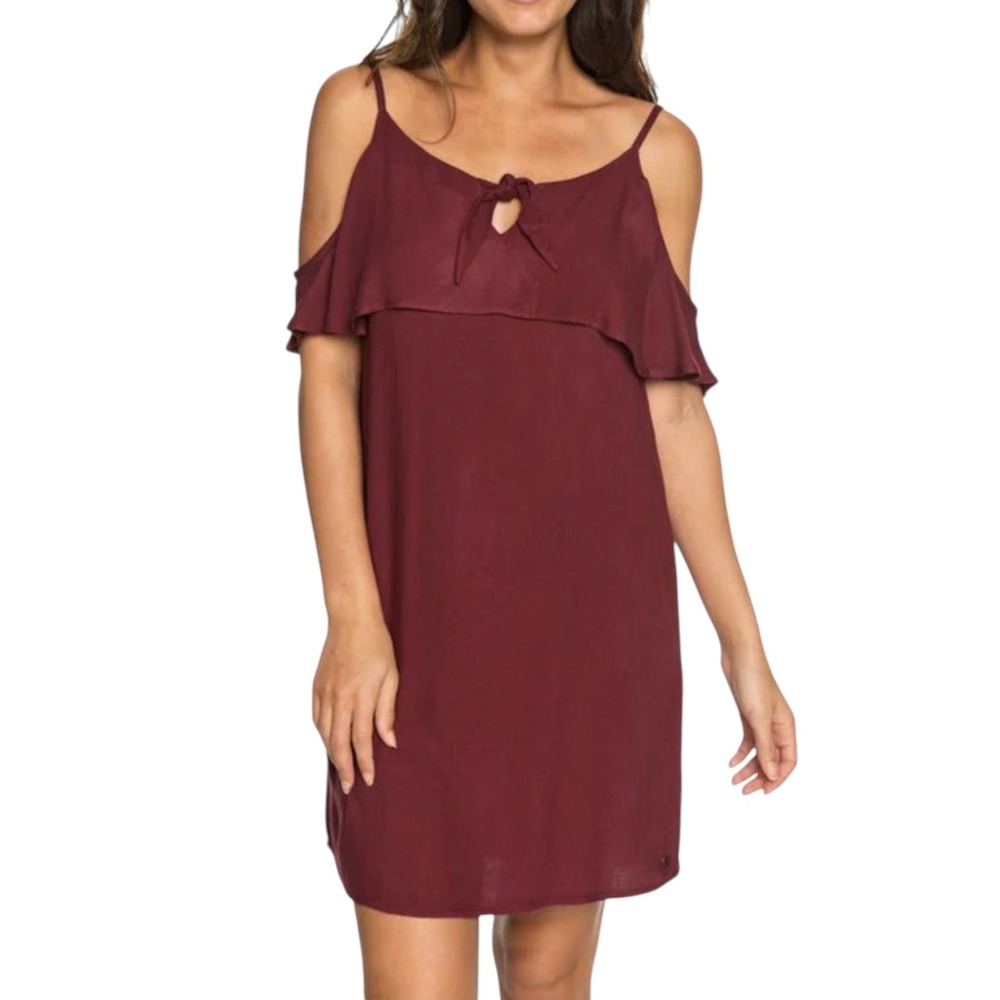 Roxy Strappy Cold Shoulder Short Flowy Dress Size L Burgundy Boho Surfer